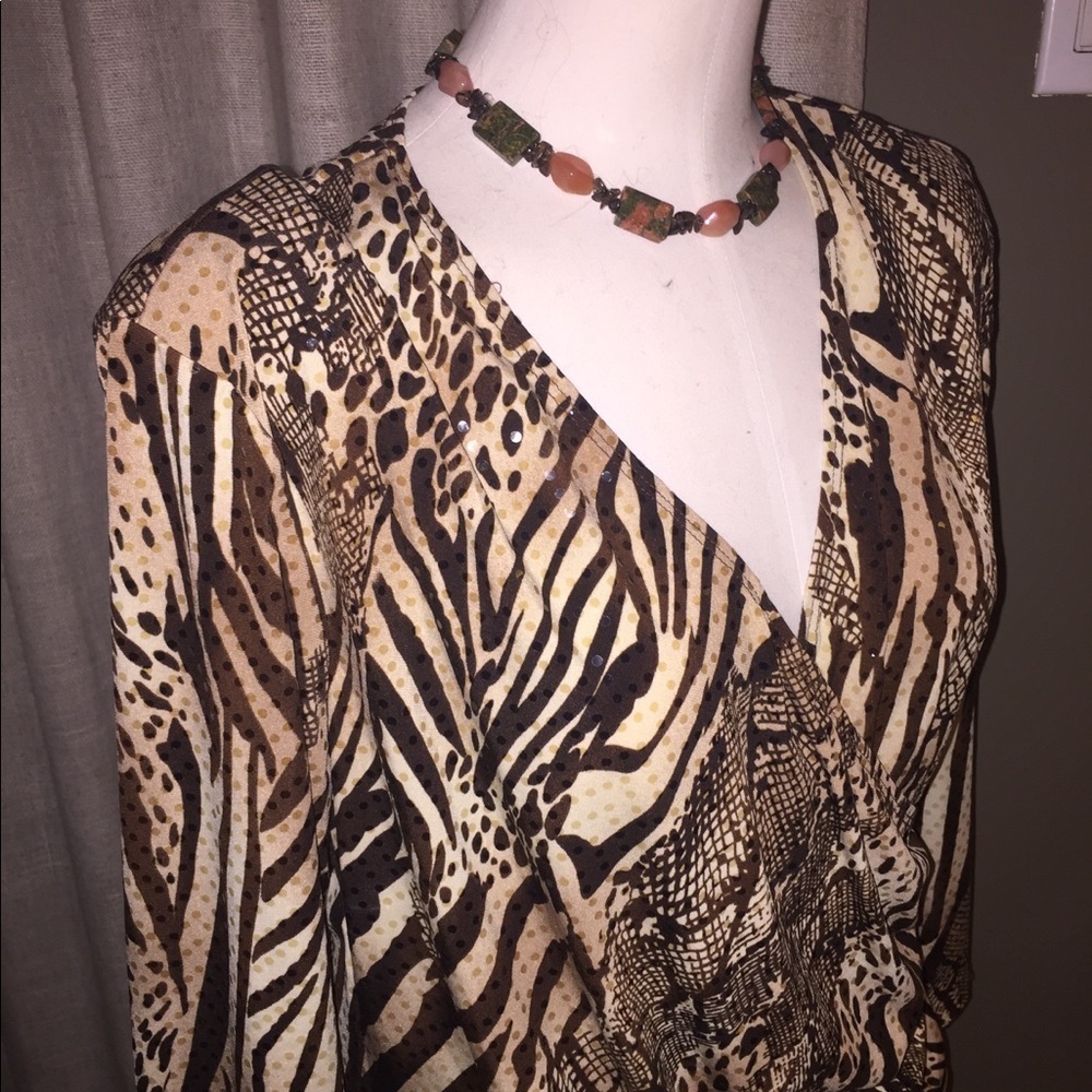 MSK Wrap Front Sequin Animal Print V-neck Long Sleeve XL